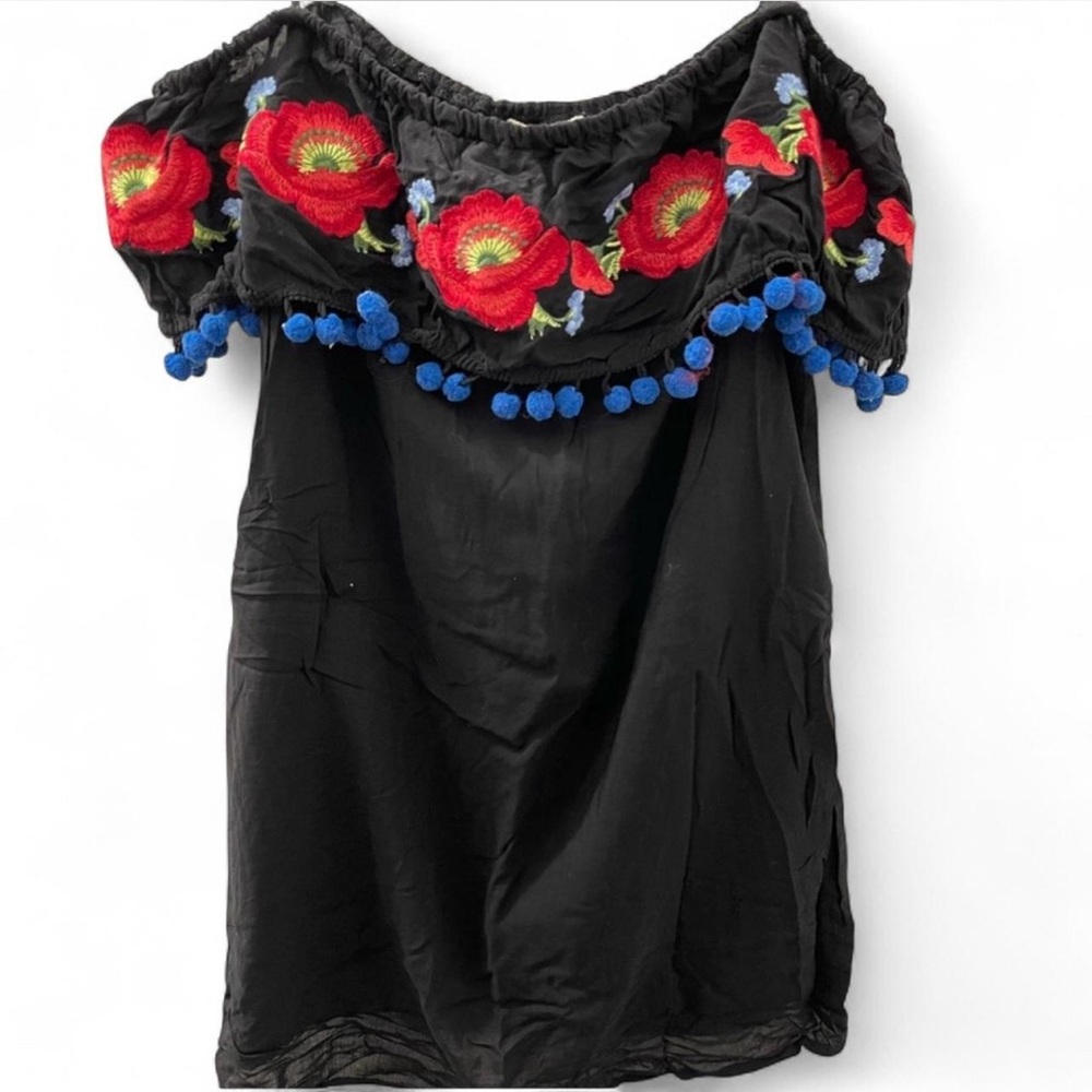 Black Off-Shoulder Dress with Blue Pom Poms